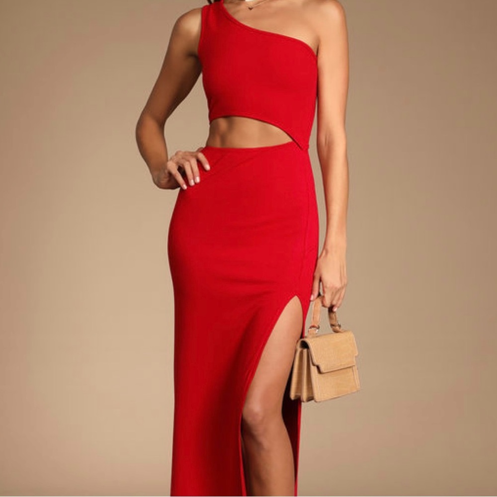 Red Ribbed One-Shoulder Cutout Midi Dress Size XS Lulus NWT
